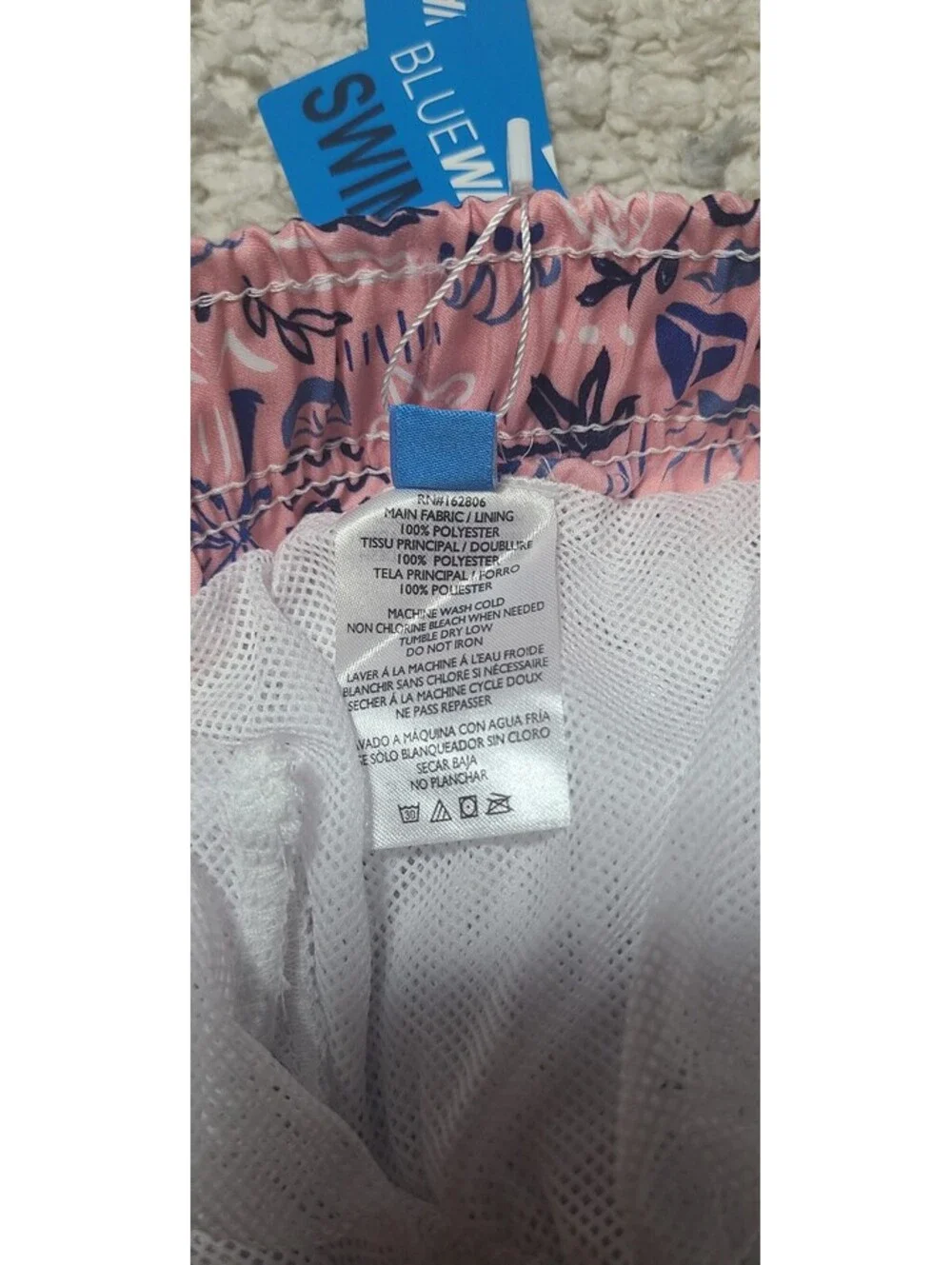NWT Blue Wave XL Pink and Navy Swim Trunks with Tropical Print